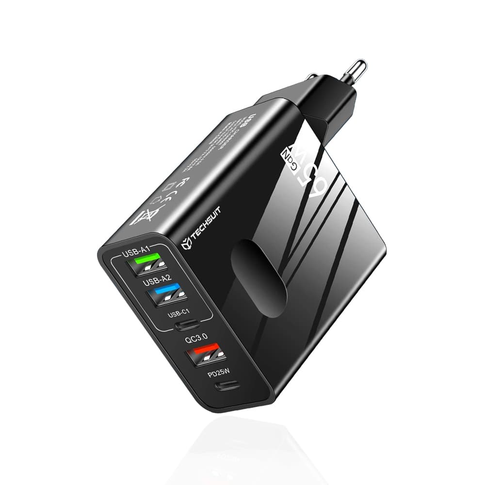 Techsuit Premium Wall Charger PentaXPower 3x USB 2x Type-C PD 25W 65W GaN Rychlé Nabíjení Černá - náhled 1