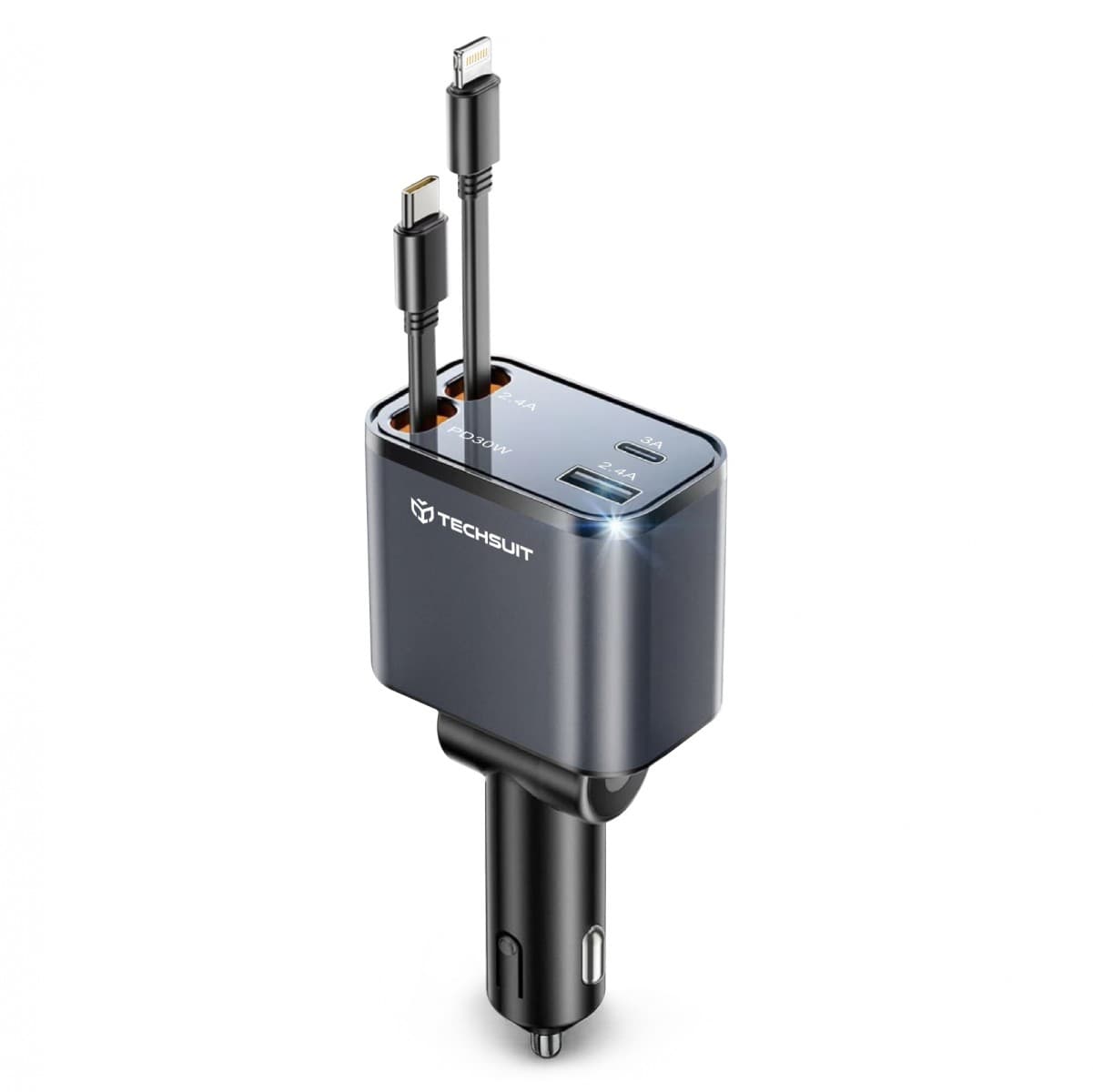 Techsuit Premium Car Charger NanoVoltX C1 s USB-C Lightning kabely šedý - náhled 1
