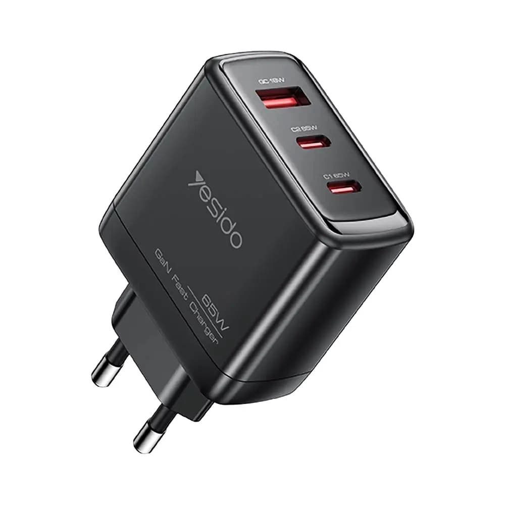 Yesido Wall Charger YC144C GaN Rychlonabíječka pro Telefon Tablet USB 2x Type-C PD65W QC18W USB-C Kabel 1m Černá - náhled 1