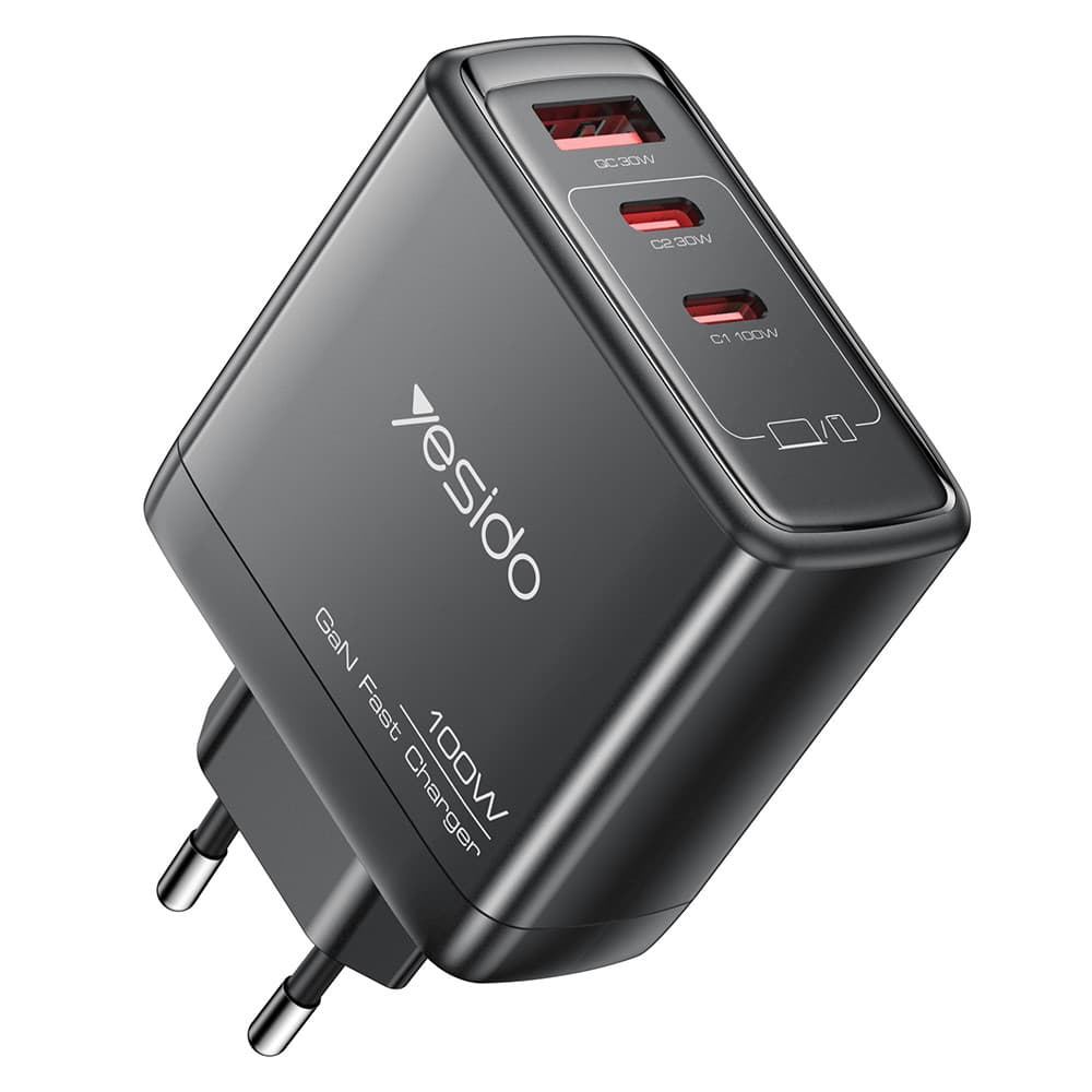Yesido Wall Charger YC142 GaN rychlonabíječka 3v1 pro telefon notebook tablet USB 2x Type-C 100W černá - náhled 1