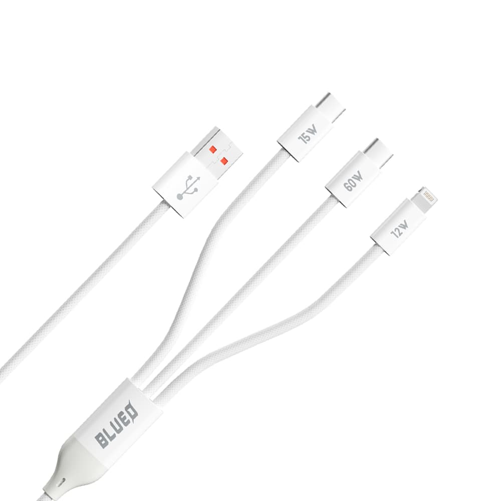 Blueo 3v1 datový kabel USB-A na 2x Type-C Lightning rychlé nabíjení opletený bílý - náhled 1