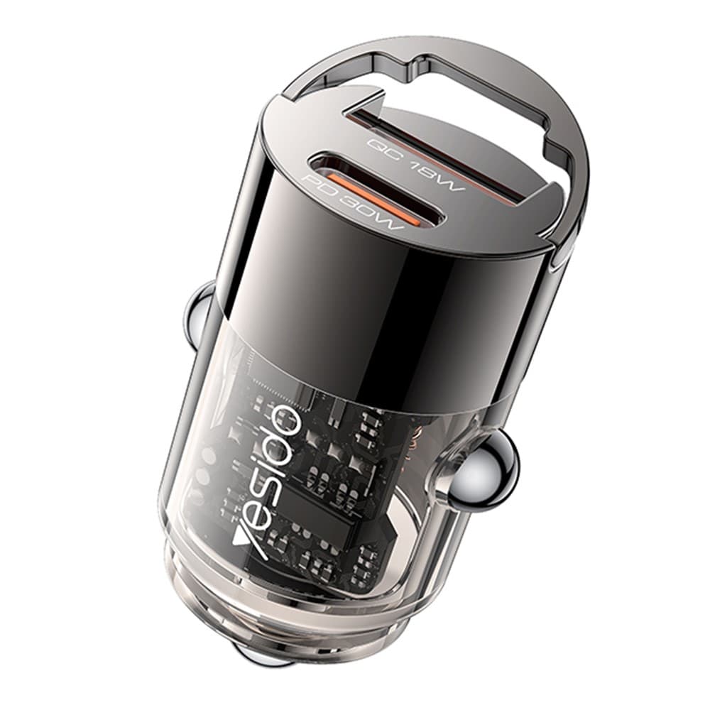 Yesido Hidden Car Charger Y68 Dvouportová USB-A + Type-C PD30W Hliník Rychlé nabíjení Černá