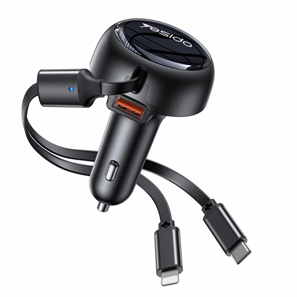 Yesido Car Charger Y61 s 2x teleskopickým zatahovacím kabelem Type-C Lightning rychlé nabíjení USB-A 53W černá - náhled 1