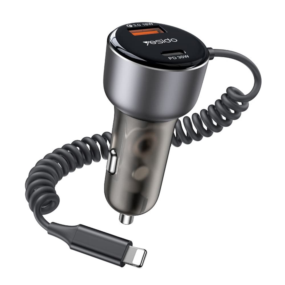 Yesido Car Charger Y57 s Lightning pružným kabelem Type-C USB-A 50W rychlé nabíjení černá - náhled 1