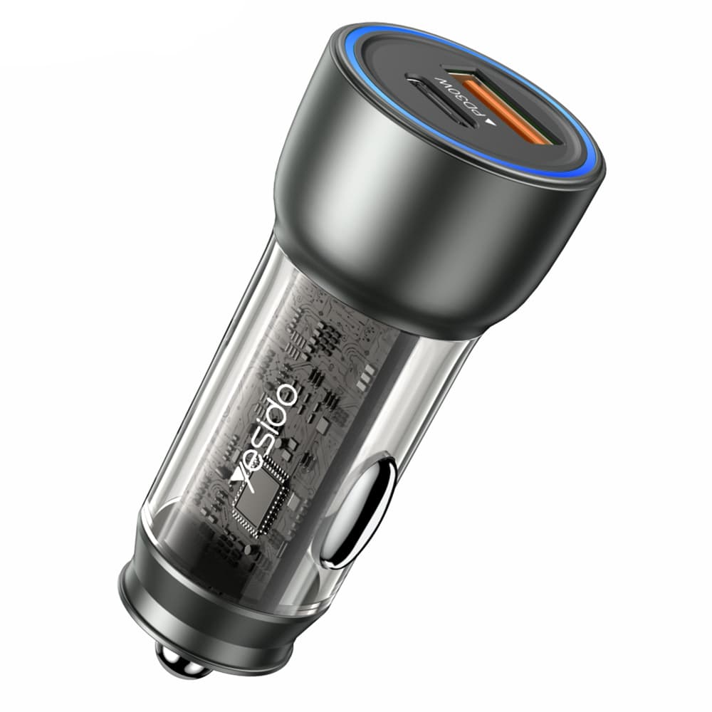 Yesido Car Charger Y49 USB-A Type-C LED světelný efekt rychlé nabíjení 30W šedá - náhled 1