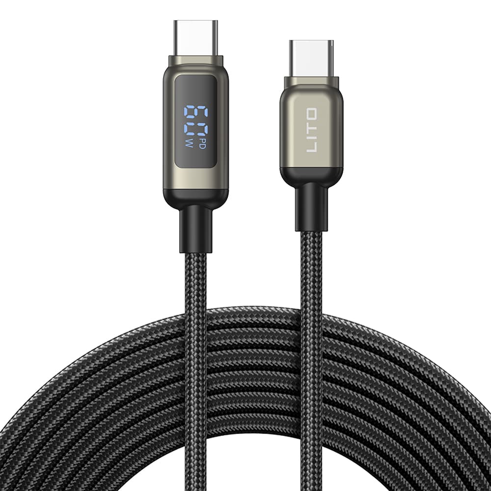 Lito Datový kabel LD15 Type-C na Type-C Rychlé nabíjení Pletený nylon 60W LED displej Černý
