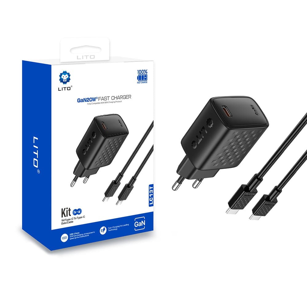 Lito Wall Charger LC13T s kabelem Type-C Type-C PD20W GaN PC ohnivzdorný EU zástrčka černý - náhled 1