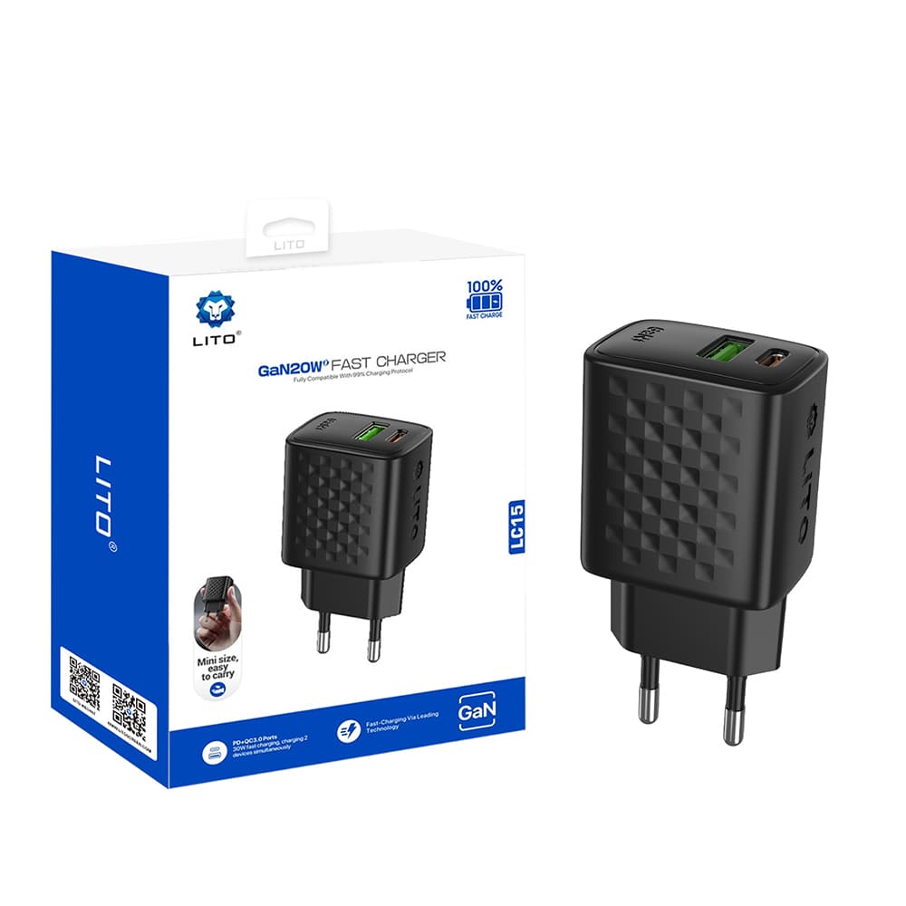 Lito Wall Charger LC15 Type-C USB výstup PD20W GaN PC nehořlavý EU zástrčka černý - náhled 1