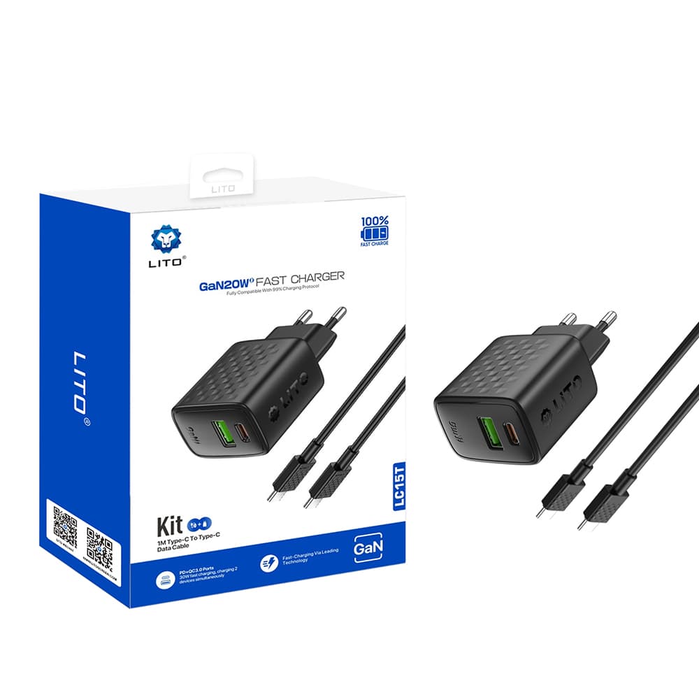 Lito Wall Charger LC15T s kabelem Type-C Type-C USB výstup PD20W GaN PC nehořlavý EU zástrčka černý - náhled 1