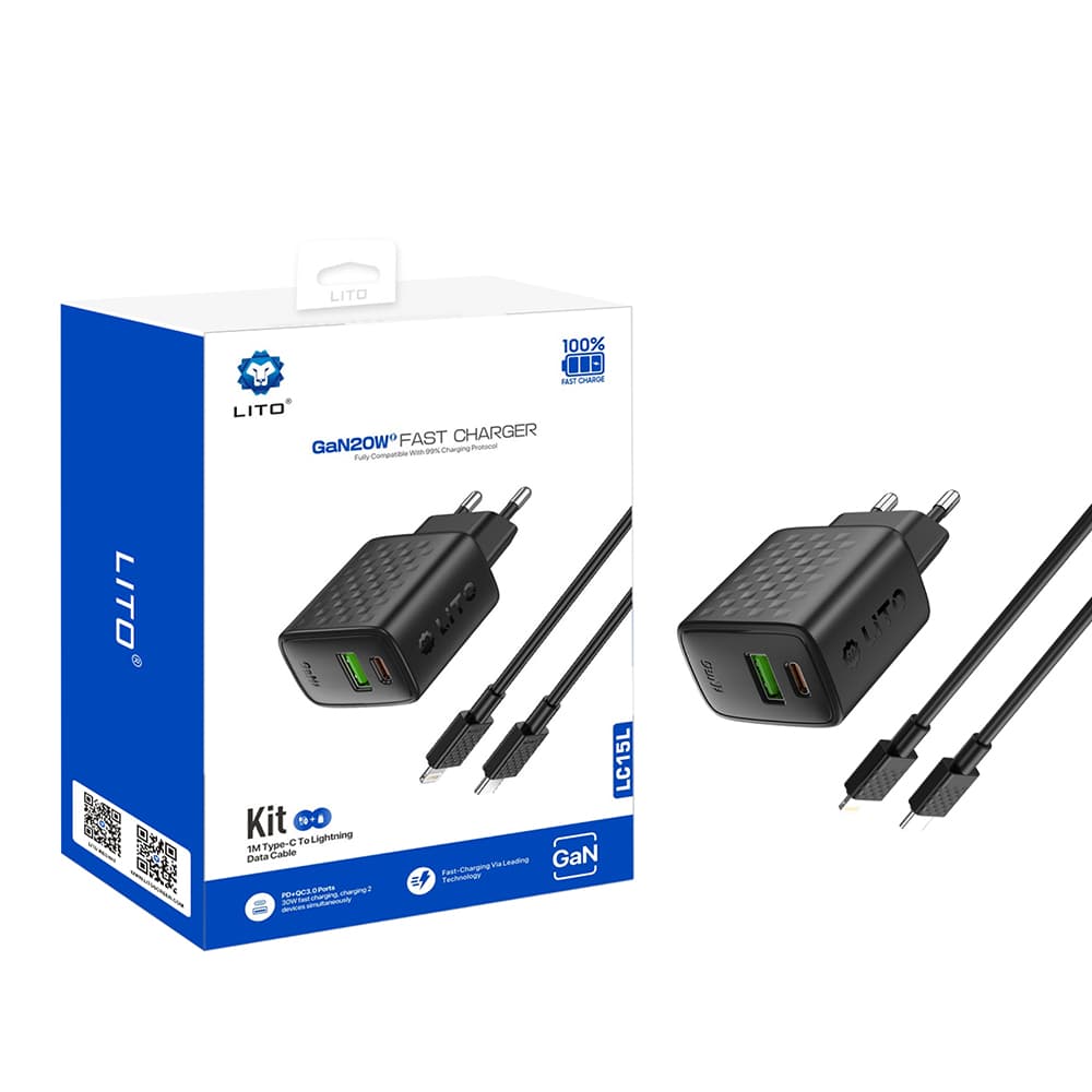 Lito Wall Charger LC15L s Lightning kabelem Type-C USB výstup PD20W GaN EU zástrčka černý - náhled 1