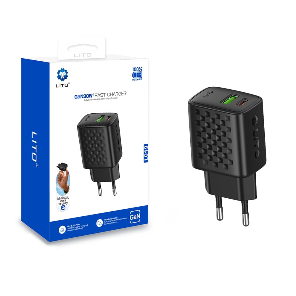 Lito Wall Charger LC19 Type-C USB výstup PD30W GaN PC nehořlavý EU zástrčka černá - náhled 1