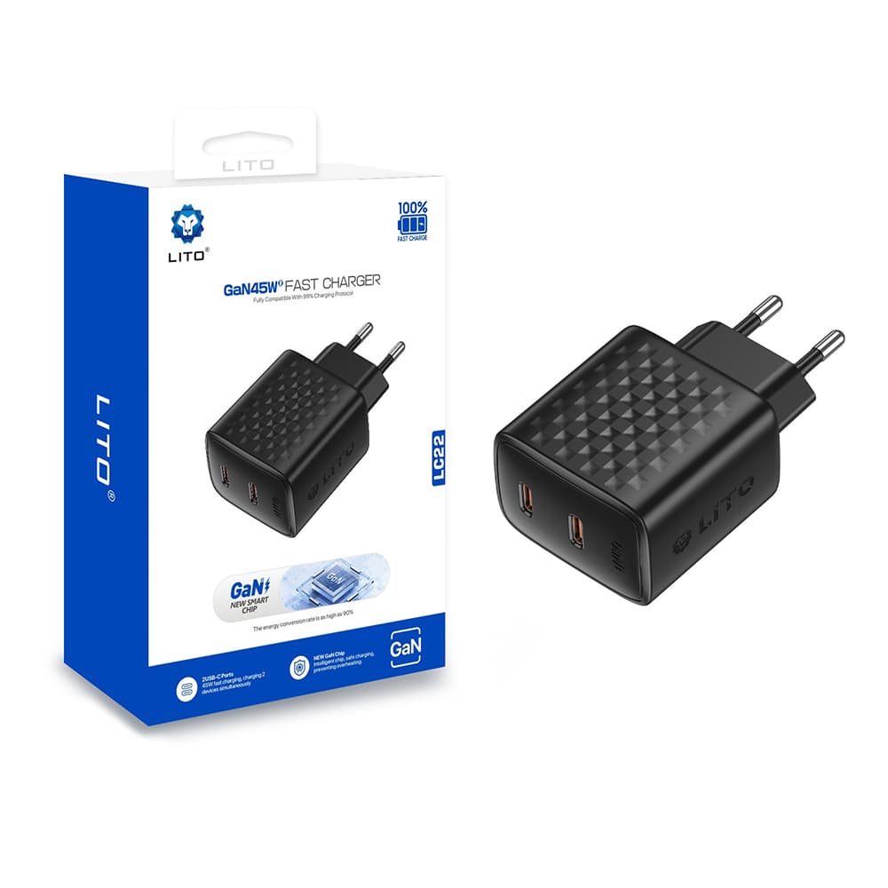 Lito Wall Charger LC22 2x Type-C výstup PD45W GaN PC nehořlavý EU zástrčka černá - náhled 1