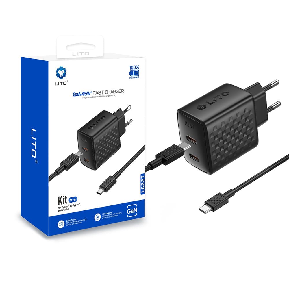 Lito Wall Charger LC22T s kabelem Type-C 2x Type-C výstup PD45W GaN EU zástrčka 1m černá - náhled 1