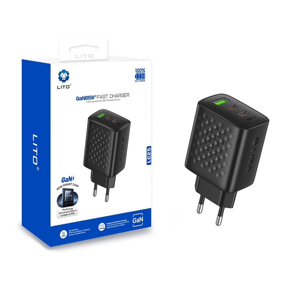 Lito Wall Charger LC25 2x Type-C USB výstup PD65W GaN PC nehořlavý EU zástrčka černý