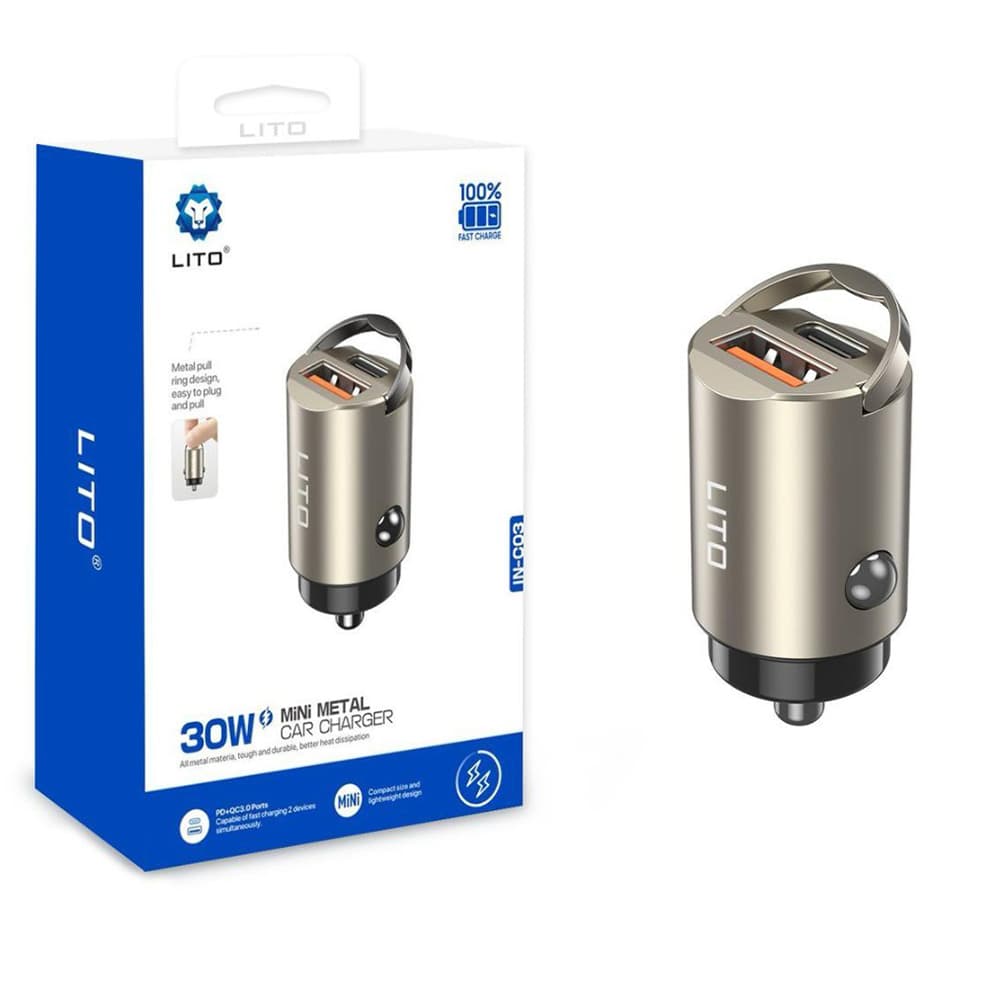 Lito Car Charger IN-C03 1x USB 1x Type-C 30W Rychlé nabíjení Gunmetal - náhled 1