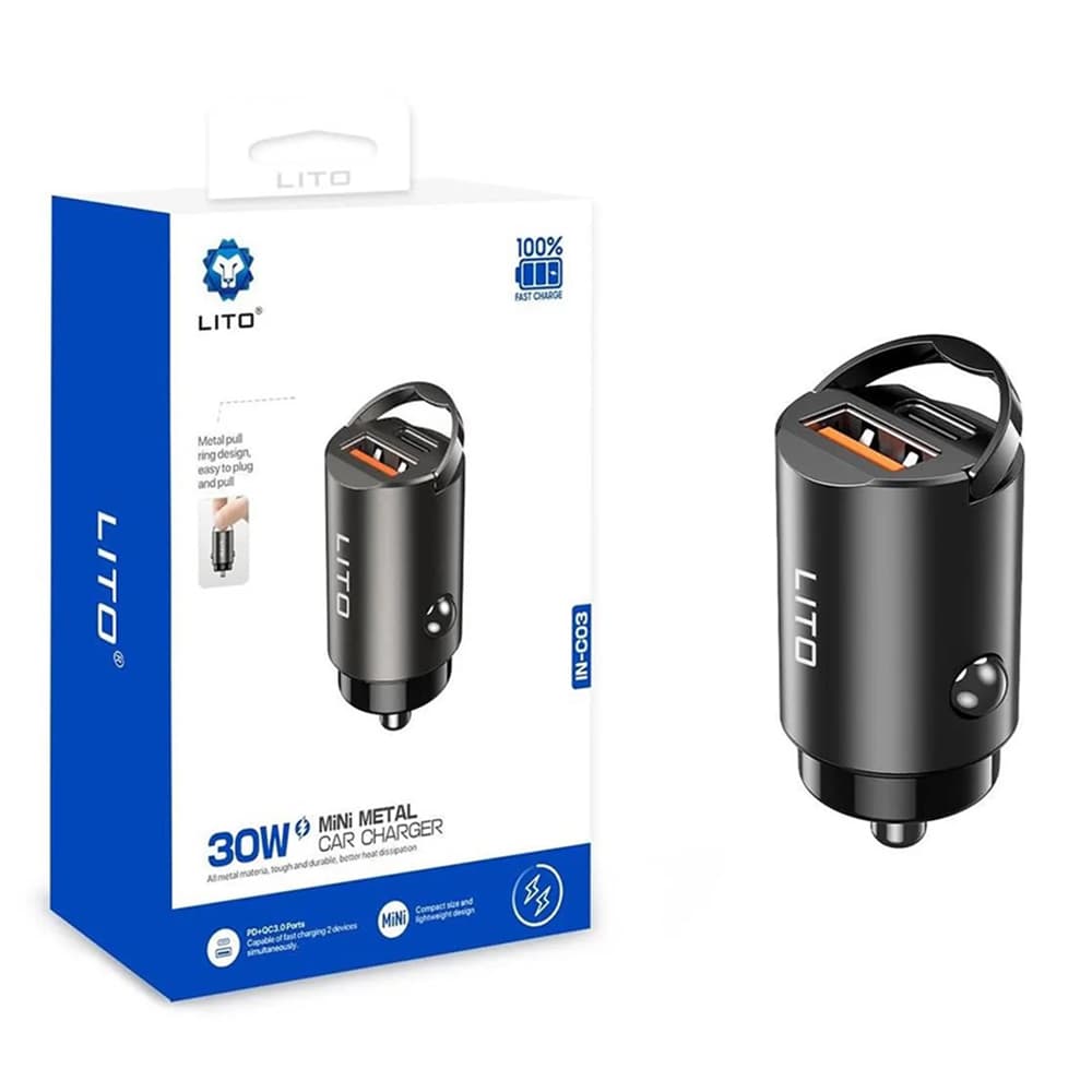 Lito Car Charger IN-C03 1x USB 1x Type-C 30W Rychlé nabíjení Černá - náhled 1
