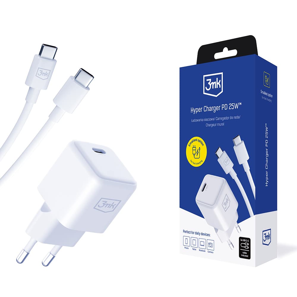 3mk Wall Charger Hyper s USB-C kabelem Type-C port PD25W GaN technologie bílá - náhled 1
