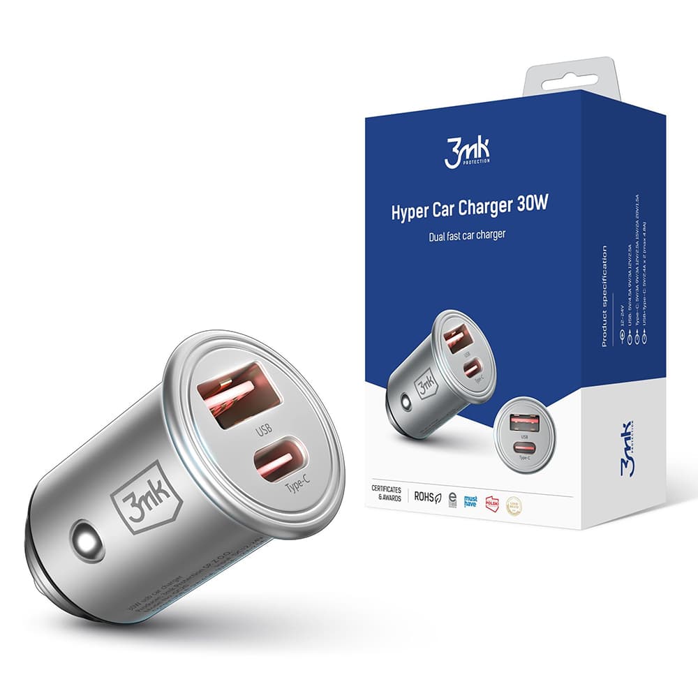 3mk Car Charger Hyper USB-A Type-C 30W odolný hliník stříbrná - náhled 1