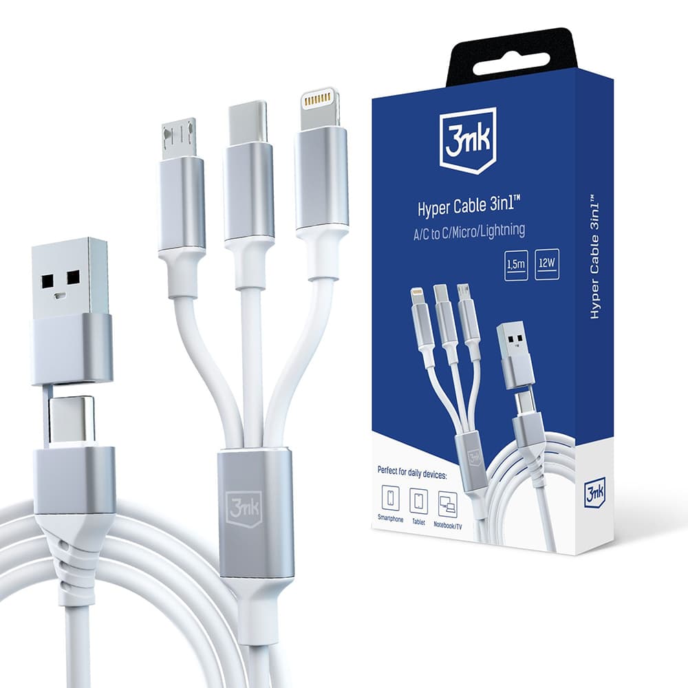 3mk 3in1 Datový kabel Hyper USB-A/C na USB-C/Micro-USB/Lightning 1.5m bílý