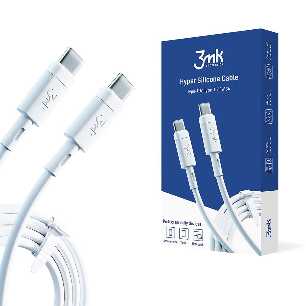 3mk Datový kabel Hyper Silicone USB-C na USB-C 60W 3A 1m bílý - náhled 1