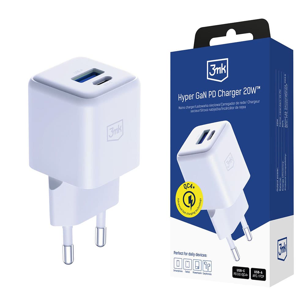 3mk Wall Charger Hyper USB-A USB-C GaN Technology QC4 + PD 20W bílá - náhled 1