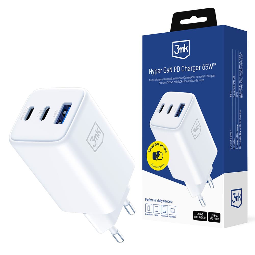 3mk Wall Charger Hyper USB-A/USB-C GaN Technologie 65W QX4+ nehořlavý materiál V0 bílá - náhled 1