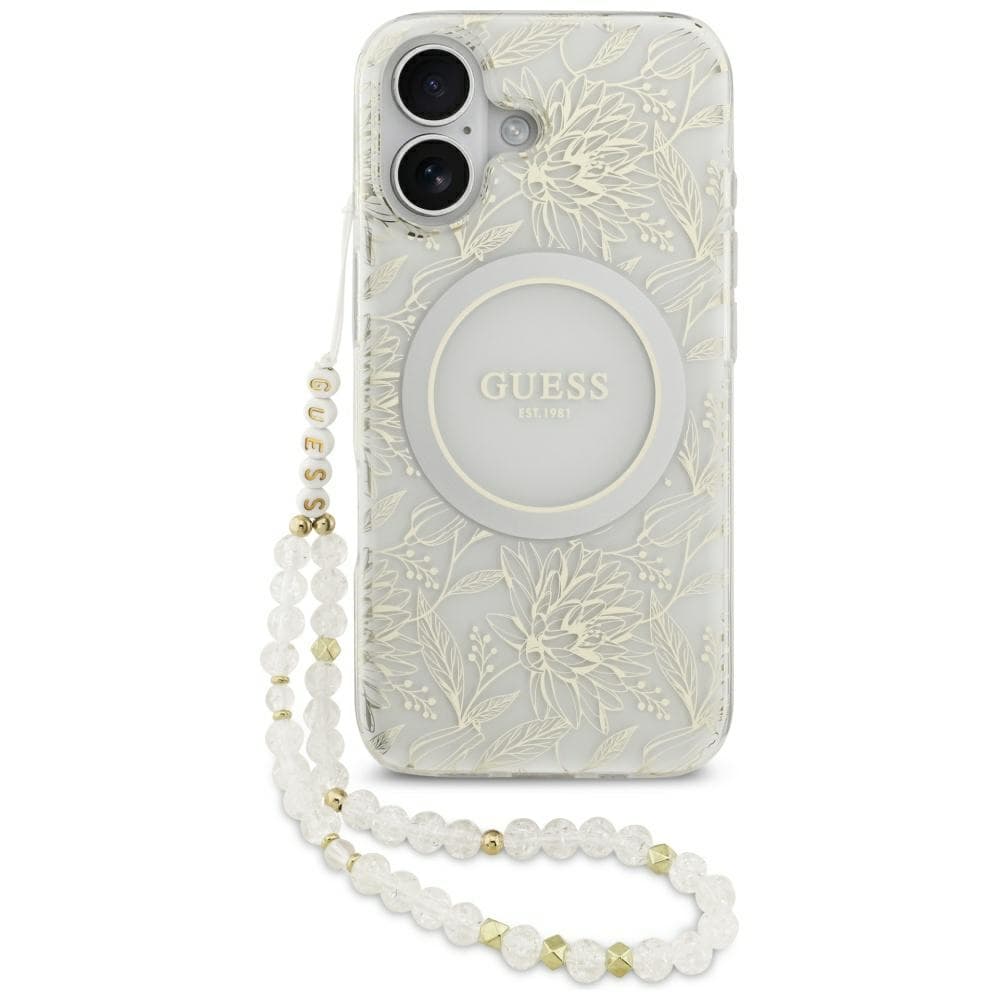 Guess IML Flowers s perlovým řemínkem MagSafe iPhone 17 bílá