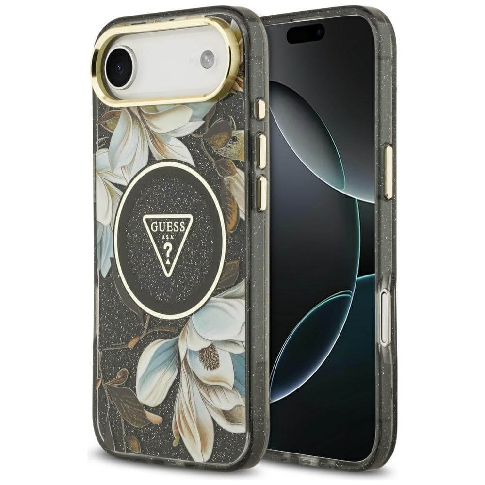 Guess IML Metal Glitter Flowers Triangle MagSafe iPhone 17 Air černá - náhled 1