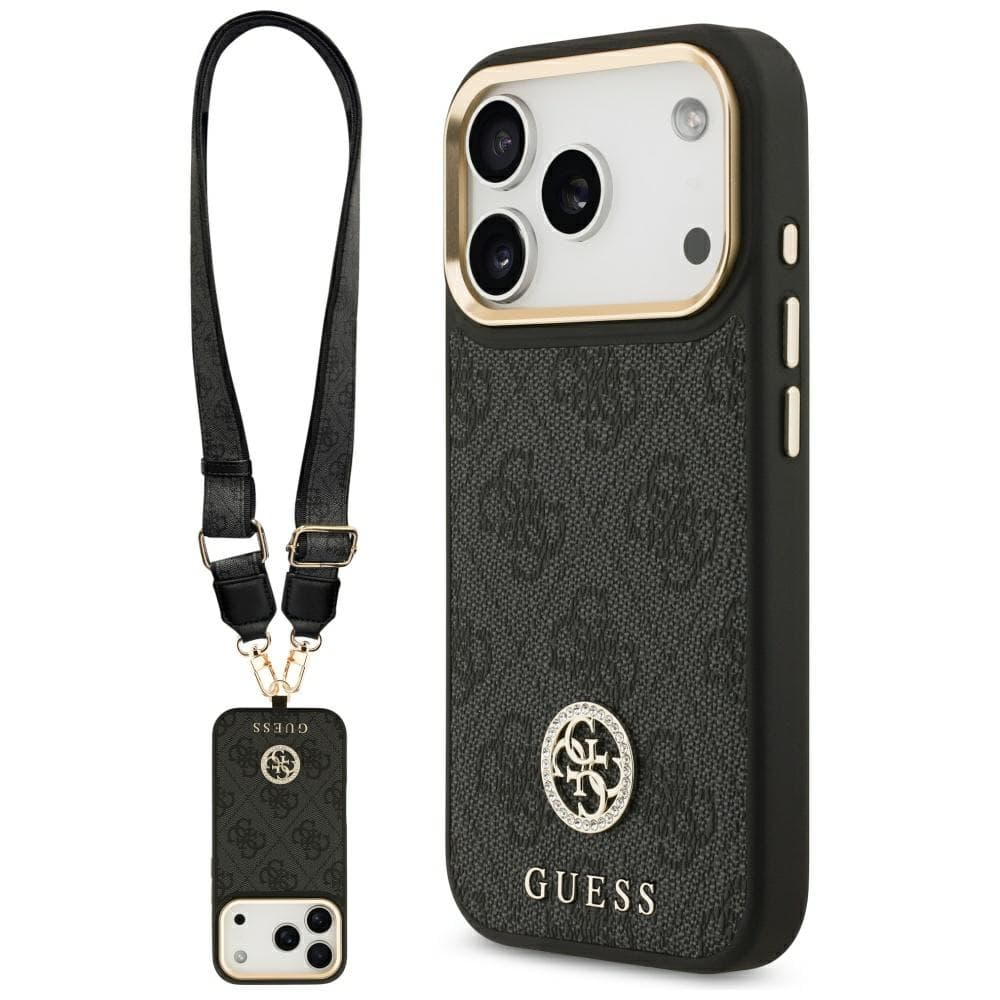 Guess 4G Strass Logo s velkým popruhem kovové tlačítko MagSafe iPhone 17 Pro černá - náhled 1