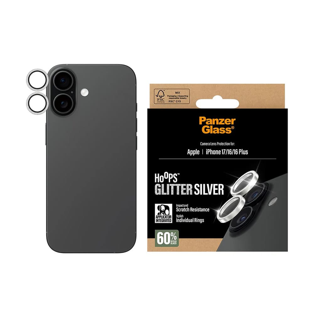 PanzerGlass® Hoops® ochrana čočky fotoaparátu iPhone 17/16/16 Plus stříbrná třpytivá - náhled 1