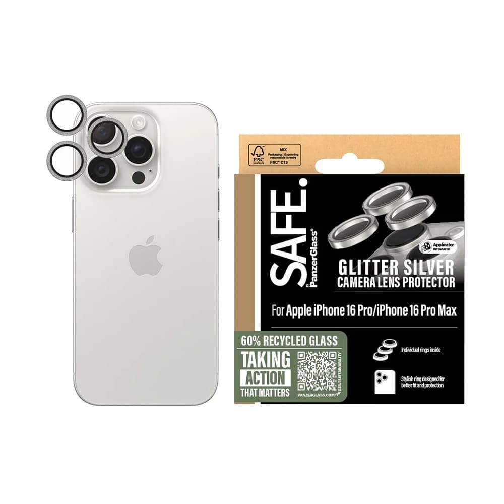 PanzerGlass® SAFE. Ochrana čočky fotoaparátu iPhone 16 Pro/Pro Max Třpytivě stříbrná - náhled 1
