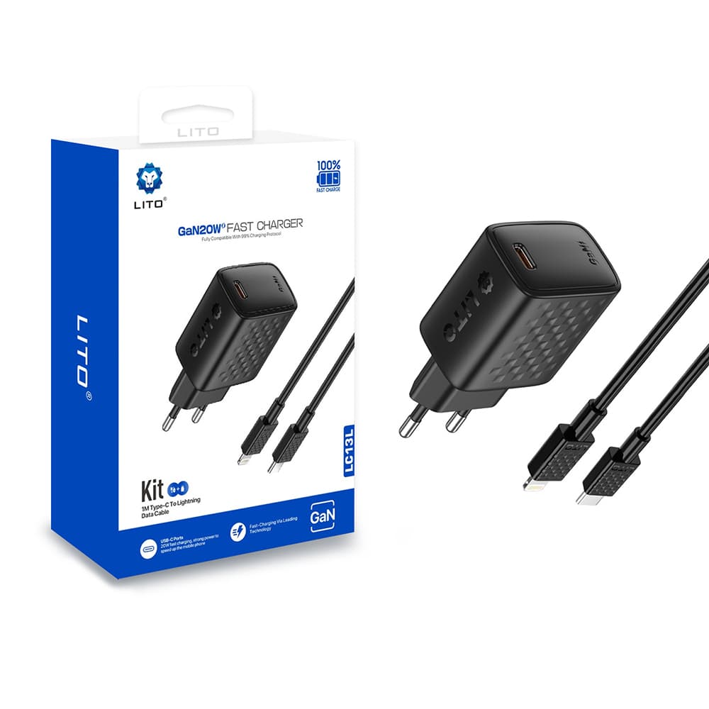 Lito nástěnná nabíječka LC13L s lightning kabelem USB-C PD20W GaN černá - náhled 1