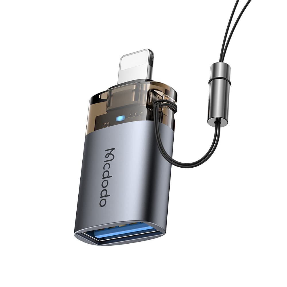 Mcdodo - OTG adaptér (OT-7390) - USB na Lightning, hliníková slitina, nabíjení a synchronizace dat, s indikačním světlem, poutko - černá - náhled 1