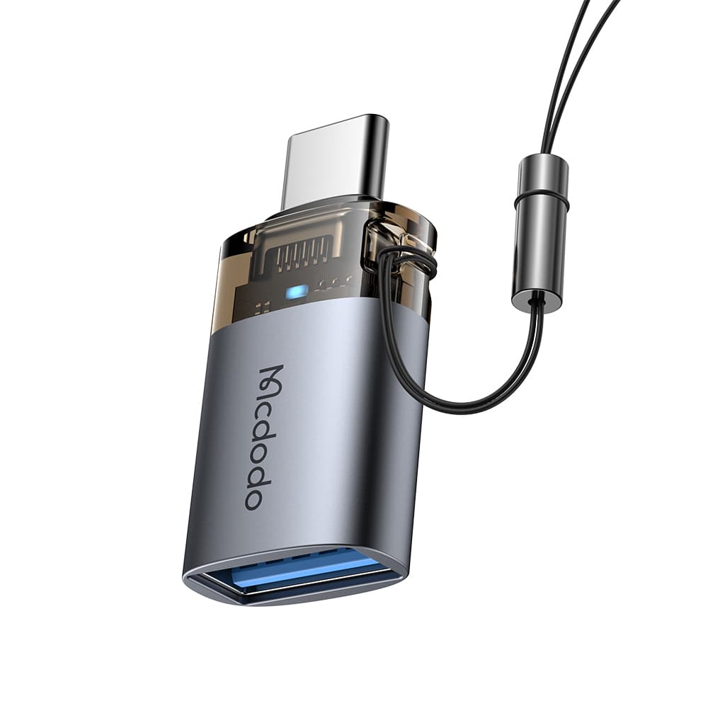 Mcdodo - OTG adaptér (OT-7400) - USB3.0 na Type-C, hliníková slitina, nabíjení a synchronizace dat, 5Gbps, modré světlo, poutko - černá - náhled 1