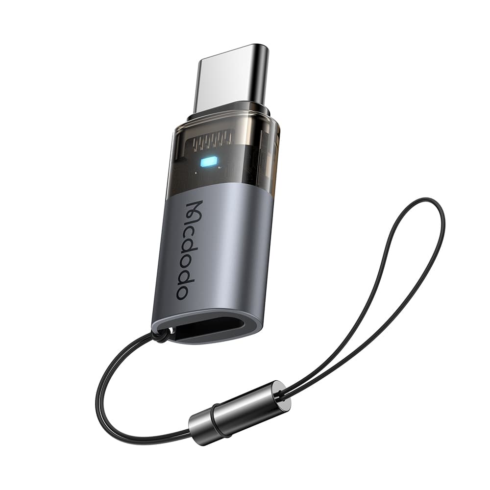 Mcdodo - OTG adaptér (OT-7610) - Lightning na Type-C, hliníková slitina, nabíjení a synchronizace dat, 60W, modré světlo, poutko - černá - náhled 1