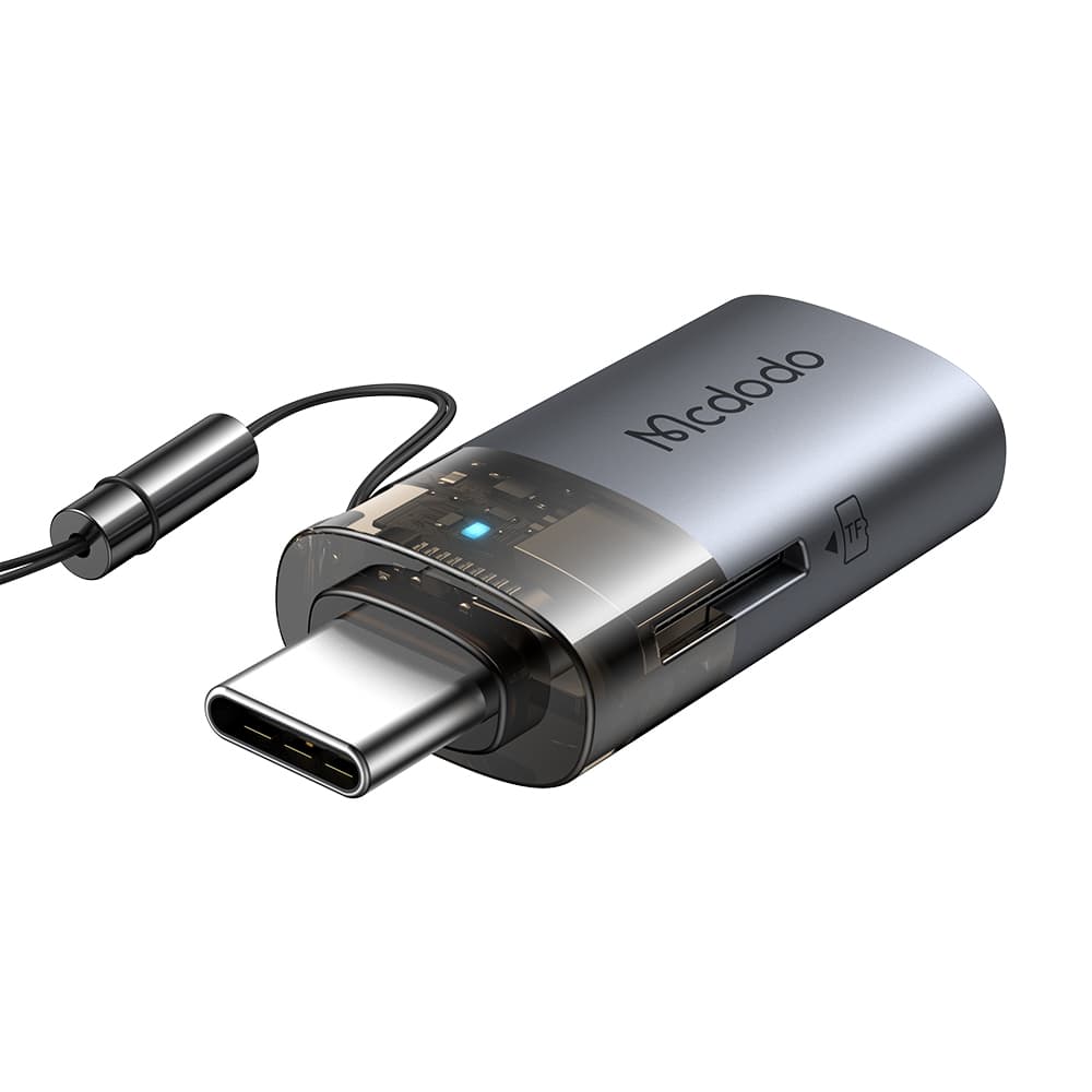 Mcdodo - OTG adaptér 2v1 (OT-7600) - USB na USB-C, vestavěná čtečka karet, nabíjení a data, 5Gbps, modré světlo, poutko - černý - náhled 1