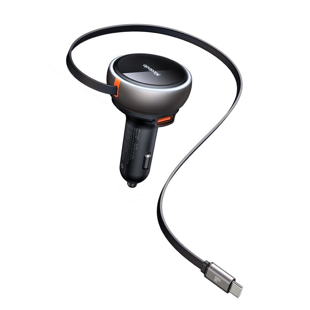 Mcdodo – nabíječka do auta (CC-4850) – s výsuvným kabelem USB-C, 80W, duální port, světelný indikační kroužek, 80cm – černá - náhled 1