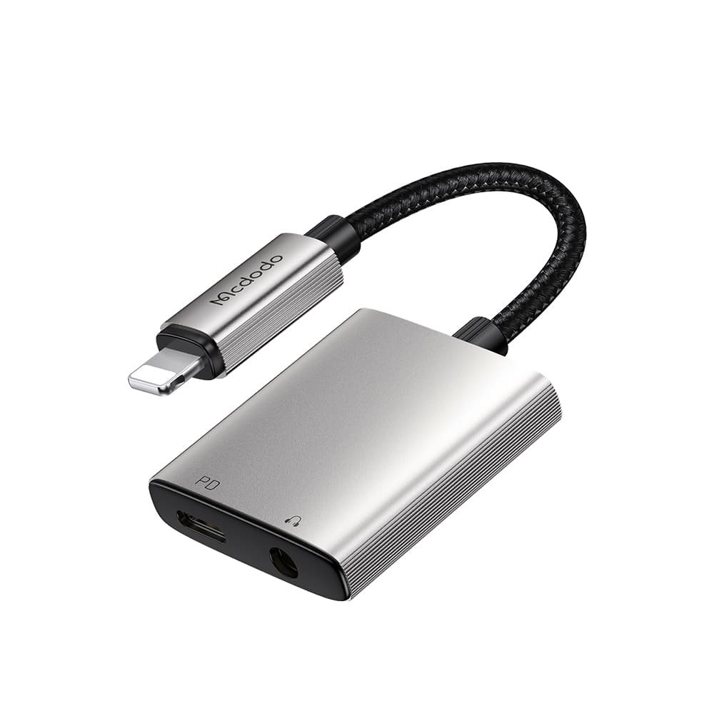 Mcdodo - audio adaptér řady Wales (CA-5540) - Lightning na Lightning, DC 3,5 mm, hliníková slitina, nylon, 5V/2A, 12,5 cm - šedá - náhled 1
