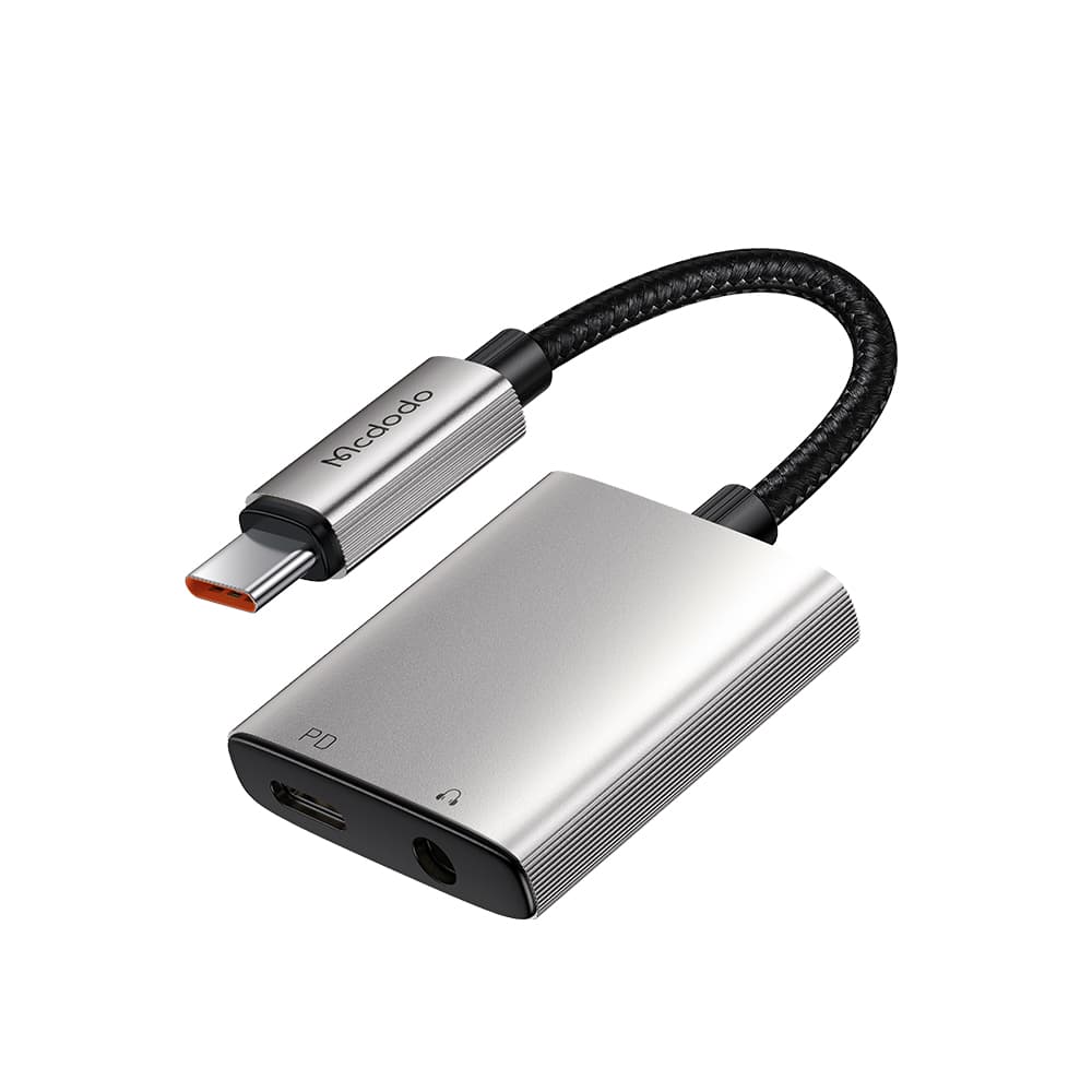 Mcdodo – audio adaptér řady Wales (CA-5050) – USB-C na USB-C, DC 3,5 mm, hliníková slitina, nylon, PD60W, 12,5 cm – šedá - náhled 1