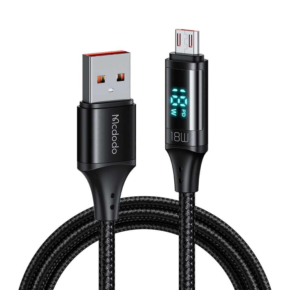 Mcdodo – datový kabel (CA-1070) – USB 2.0 na micro-USB, s digitálním displejem, nylonové opletení, hliníková slitina, 3A, 1,2m – černý - náhled 1