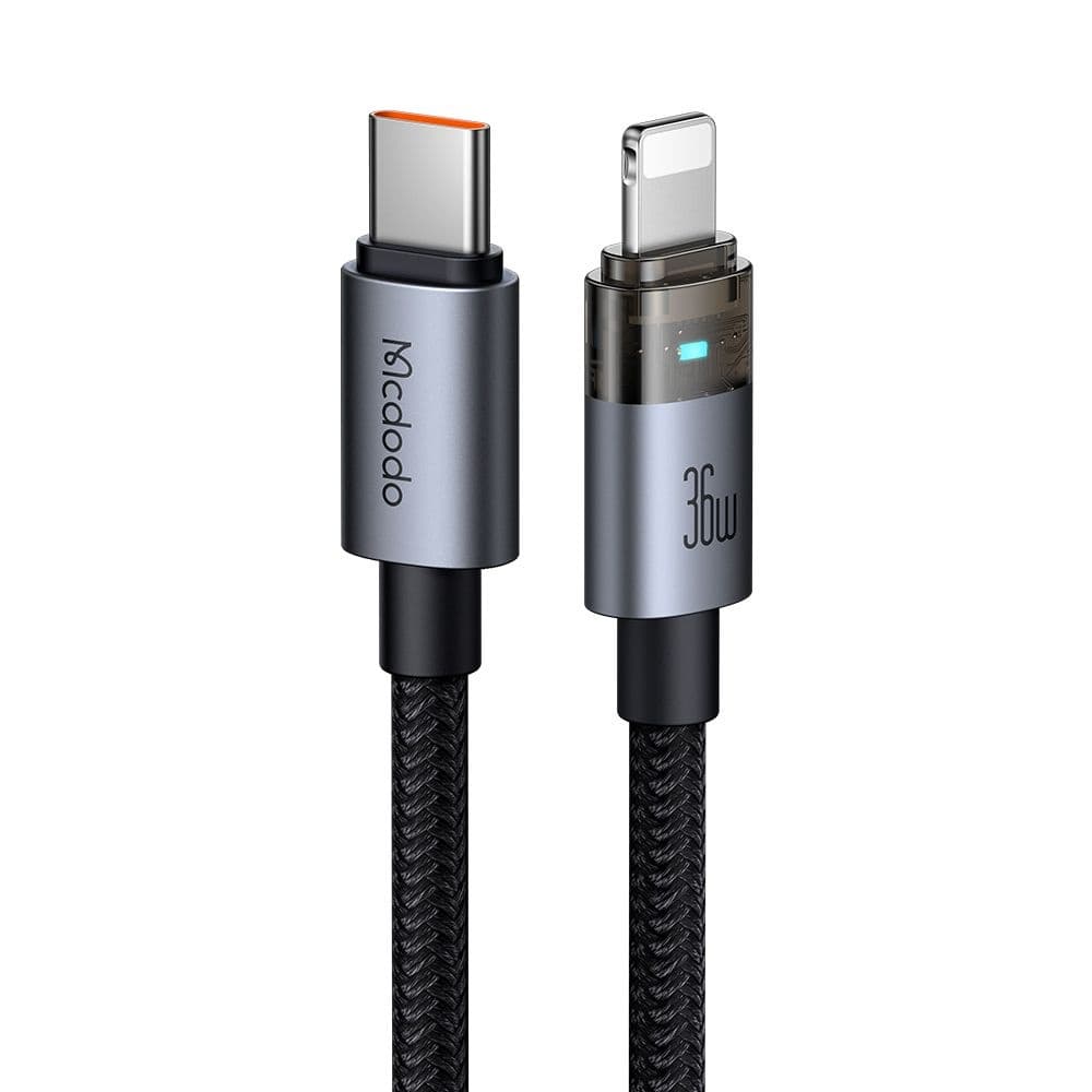 Mcdodo – datový kabel (CA-6940) – s nabíjecím světlem, USB-C na Lightning, průhledný kabel, 36W, 1,2m – černý - náhled 1