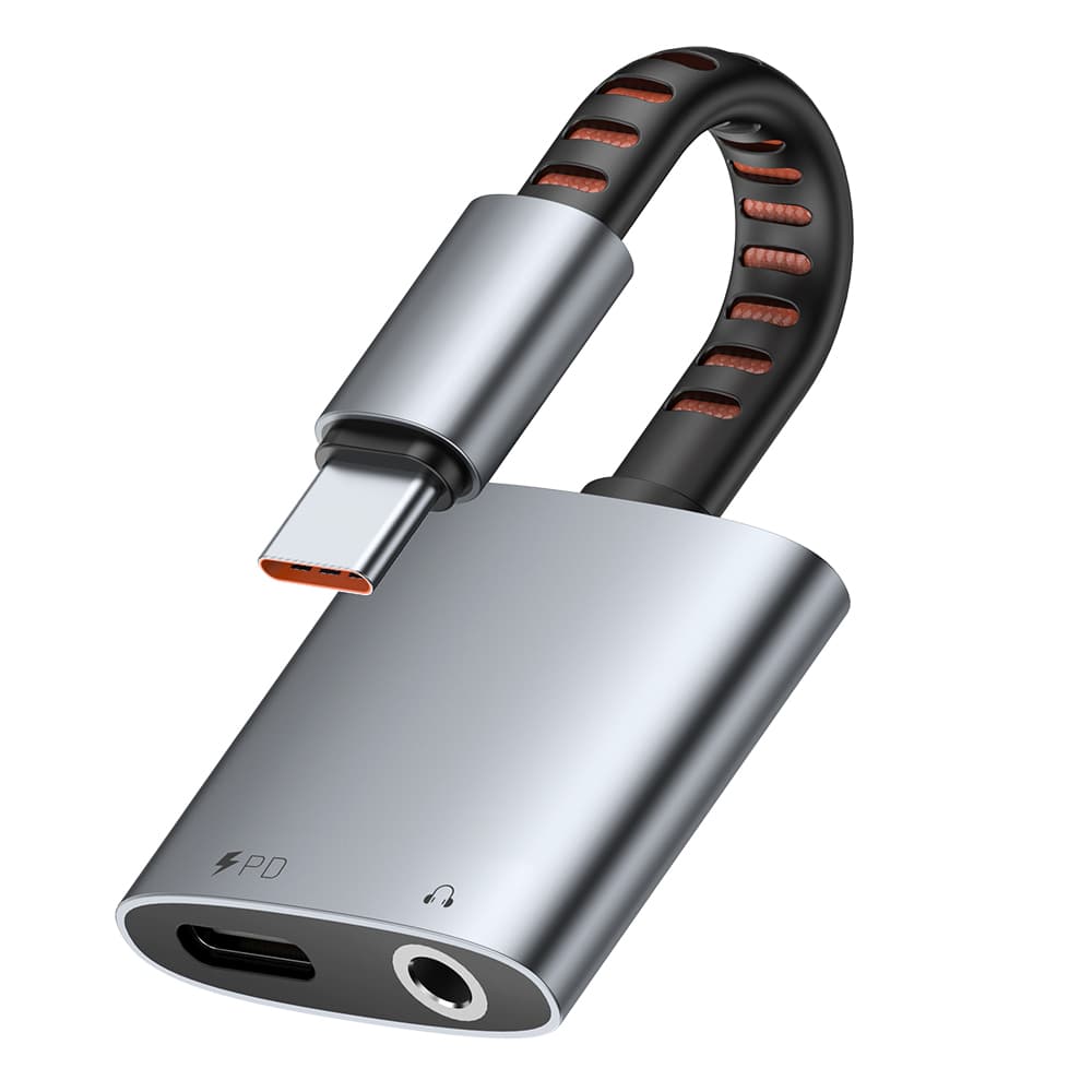 Mcdodo – audio adaptér (CA-3120) – USB-C na USB-C a DC 3,5 mm, PD60W, prémiová kvalita zvuku, hliníková slitina/nylon, 0,1 m – šedá