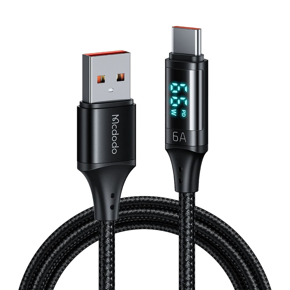 Mcdodo – datový kabel (CA-1080) – USB 2.0 na Type-C, s digitálním displejem, nylonové opletení, hliníková slitina, 6A, 1,2m – černý - náhled 1