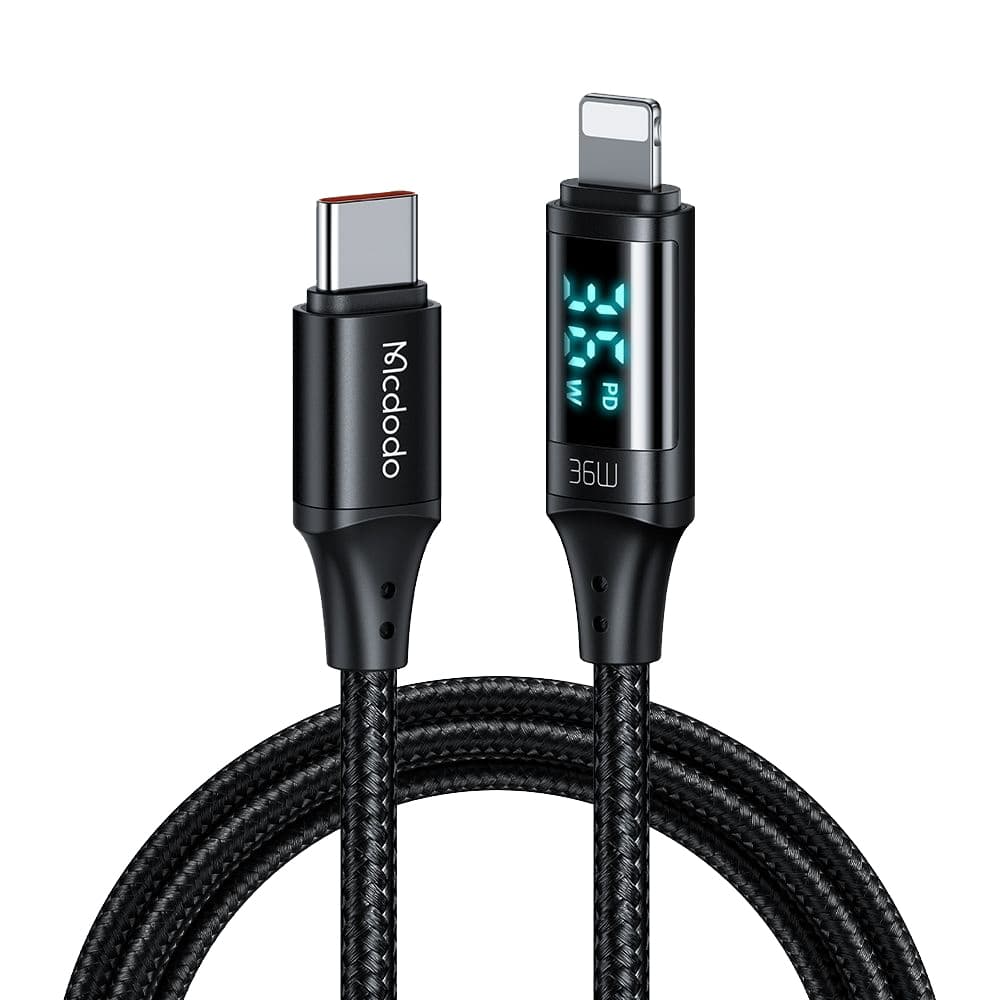 Mcdodo – datový kabel (CA-1030) – USB-C na lightning, s digitálním displejem, nylonový oplet, hliníková slitina, 36W, 1,2m – černý - náhled 1