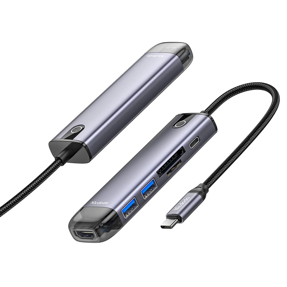 Mcdodo – rozbočovač (HU-7740) – 6v1, 2x USB3.0, Type-C PD100W, HDMI 4K, slot na SD/TF kartu, 5Gbps, 2TB, kabel Type-C – šedá - náhled 1