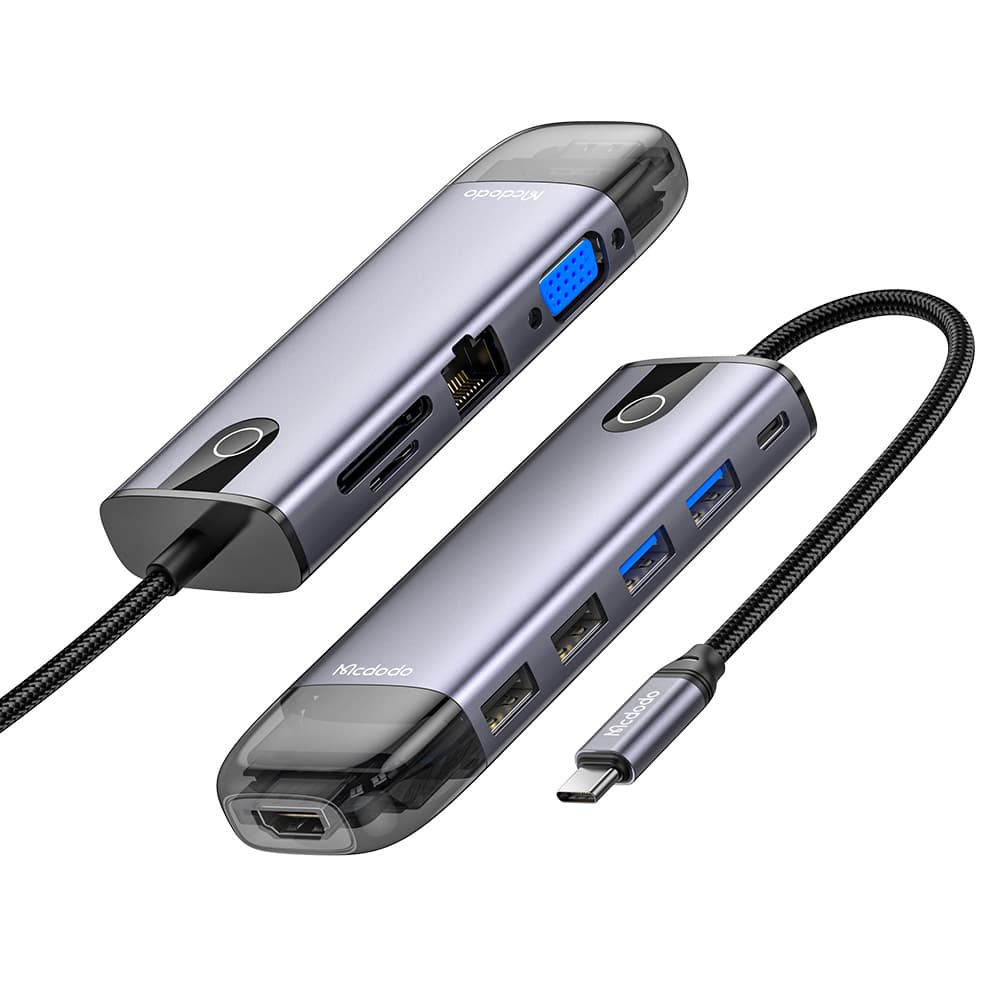 Mcdodo – rozbočovač (HU-7420) – 10v1, 2x USB2.0, 2x USB3.0, USB-C PD100W, VGA, HDMI 4K, LAN, slot SD/TF, 5Gbps, kabel Type-C – šedá - náhled 1