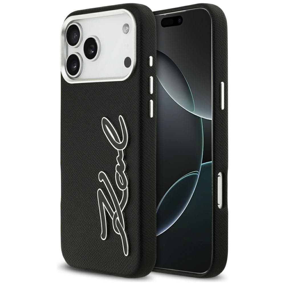 Karl Lagerfeld - pevné pouzdro FW zrnitá kůže s logem Signature (KLHCP17XPGFKSRSK) - iPhone 17 Pro Max - černé - náhled 1