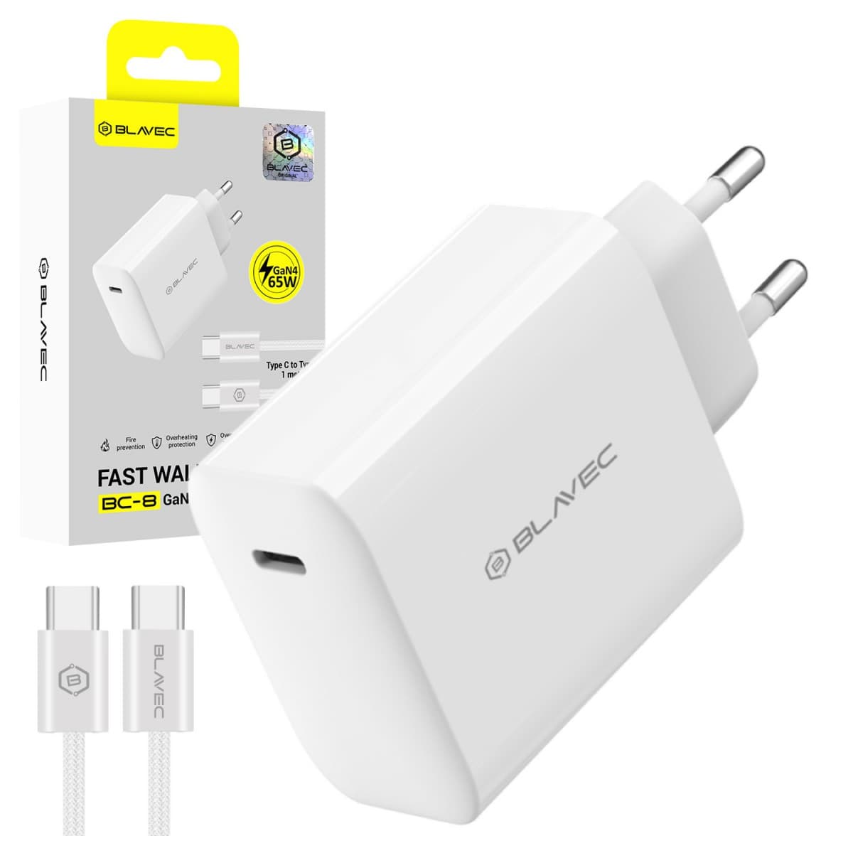 Nabíječka Blavec BC-8 GaN4 – typ C – PD QC 65W 3A s kabelem typ C na typ C (TCBC8G4-CW653A+CC) bílá - náhled 1