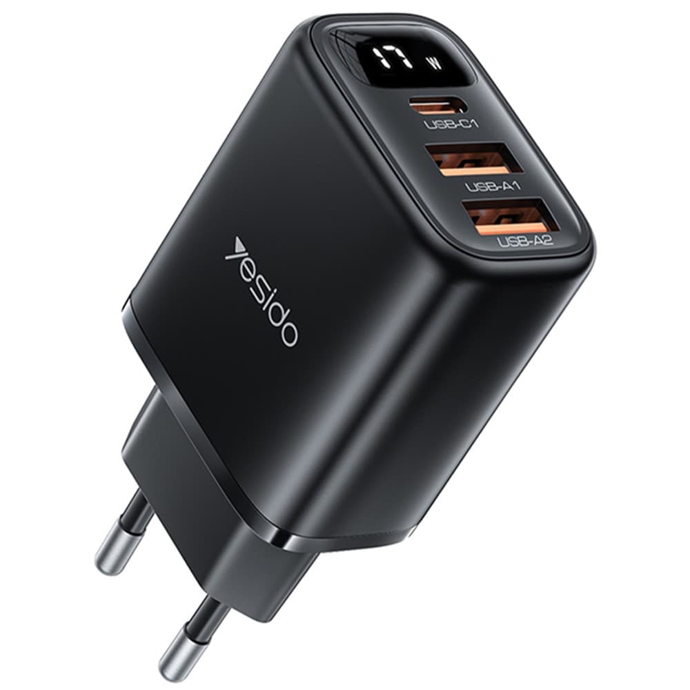 Yesido - nástěnná nabíječka (YC67) - s digitálním displejem, rychlé nabíjení, pro telefon, tablet, 3v1, 2x USB, Type-C, 17W - černá - náhled 1