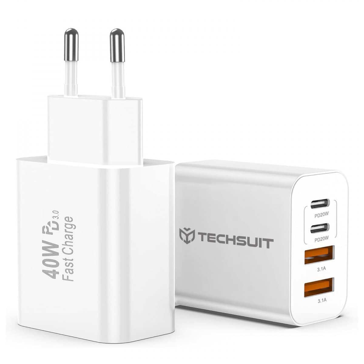 Techsuit - prémiová nástěnná nabíječka PowerXQuad (CH4) - 2x PD20W Type-C, 2x USB 3.1A, super rychlý cestovní adaptér 40W - bílá - náhled 1
